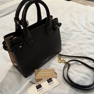 Burberry Derby Calfskin House Check Medium Banner Tote Black – Small, Like New